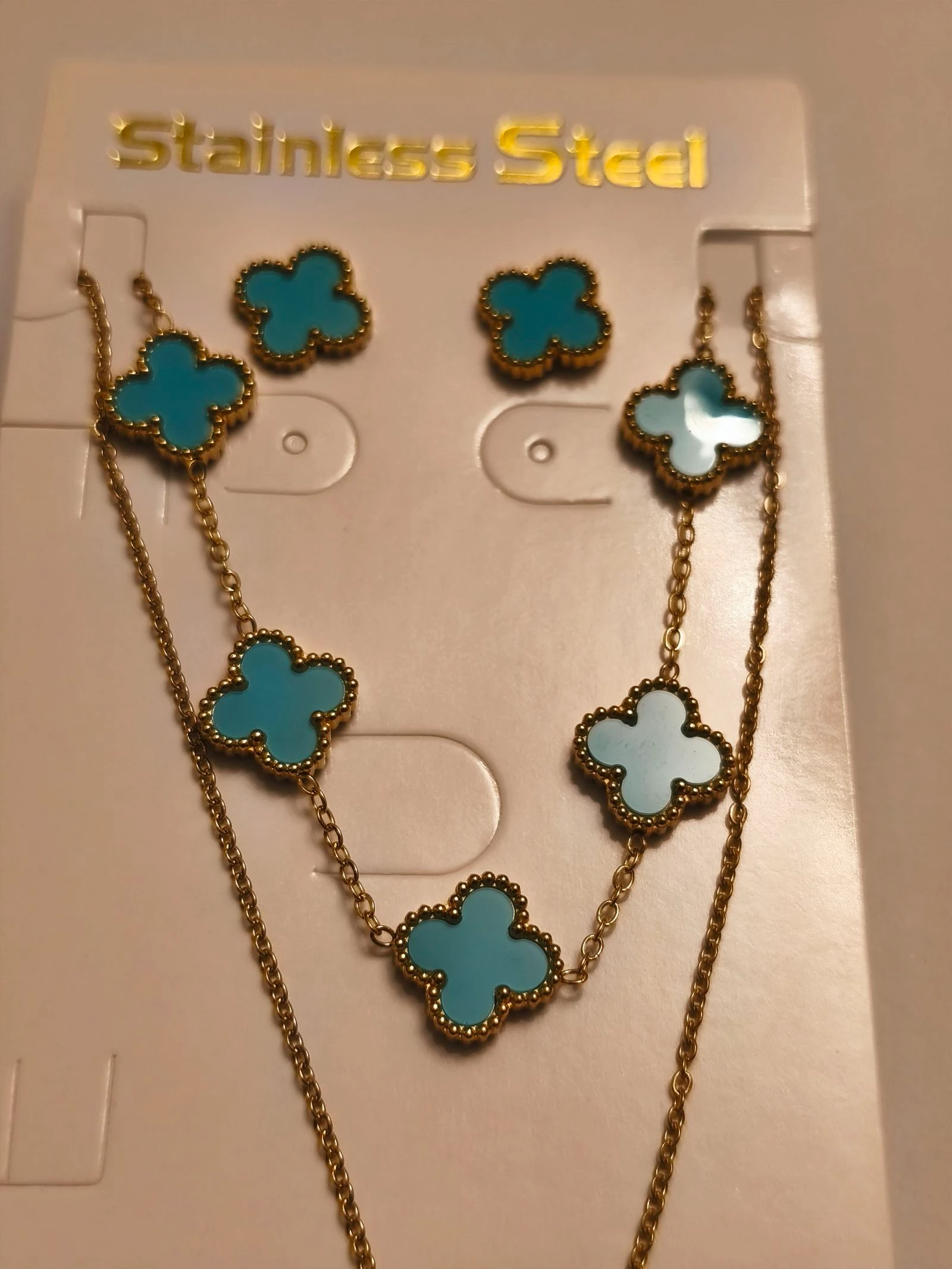 Conjunto de gargantilha pulseira e brincos de trevo cor turquesa – photo 3